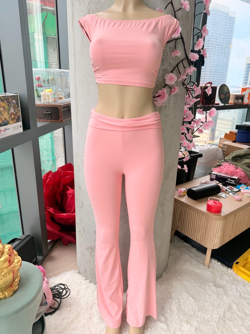 Fashion Nova Women's Pink Off-Shoulder Crop Top & Flared Pants Set Size XS